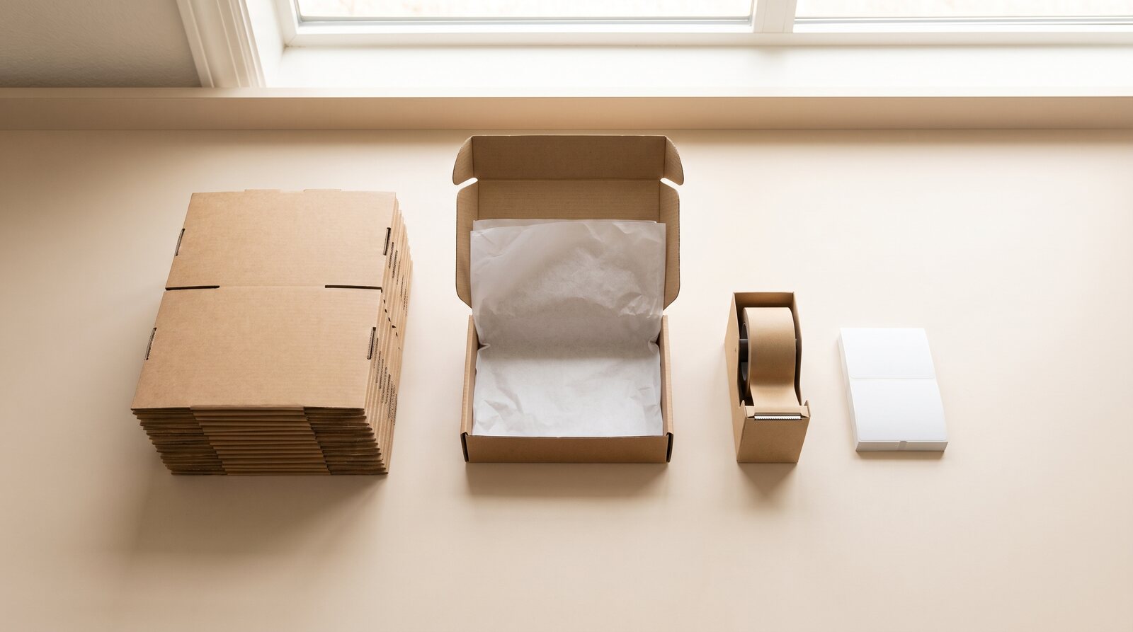 Packtisch am Fenster: gestapelte Kartons, Seidenpapier, Papierklebeband und Versandetiketten